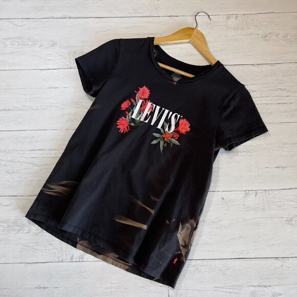 Levis Top SZ XS Black The Perfect Tee Bleached Logo Cactus Flower Short Sleeve - Picture 1 of 14